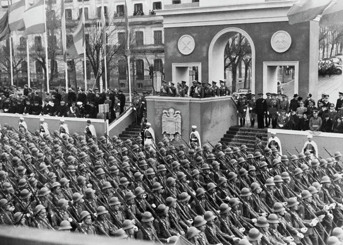 Framed Print : Francisco Franco on platform overlooking military parade Framed Print : Francisco Franco on platform overlooking military parade
