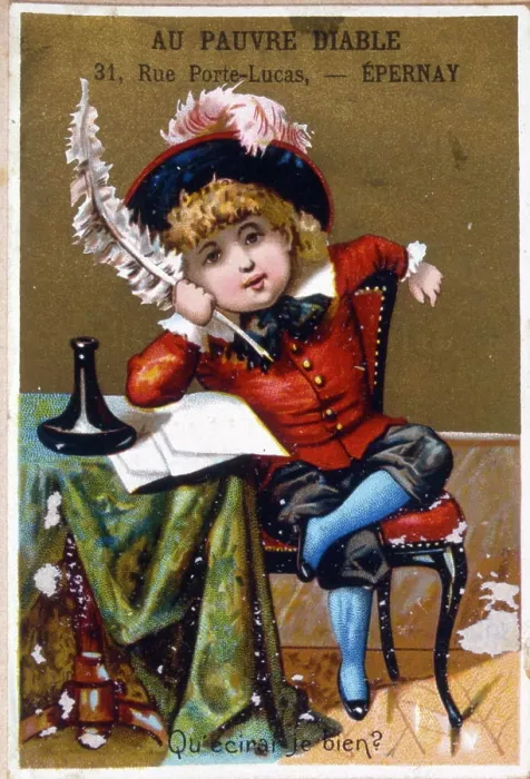 Framed Print : French chromolithograph illustration depicting a boy trying to write a letter. 1890 Framed Print : French chromolithograph illustration depicting a boy trying to write a letter. 1890