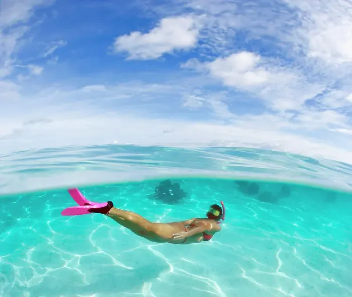 Framed Print : French Polynesia, Moorea, Woman Free Diving In Turquoise Ocean Framed Print : French Polynesia, Moorea, Woman Free Diving In Turquoise Ocean