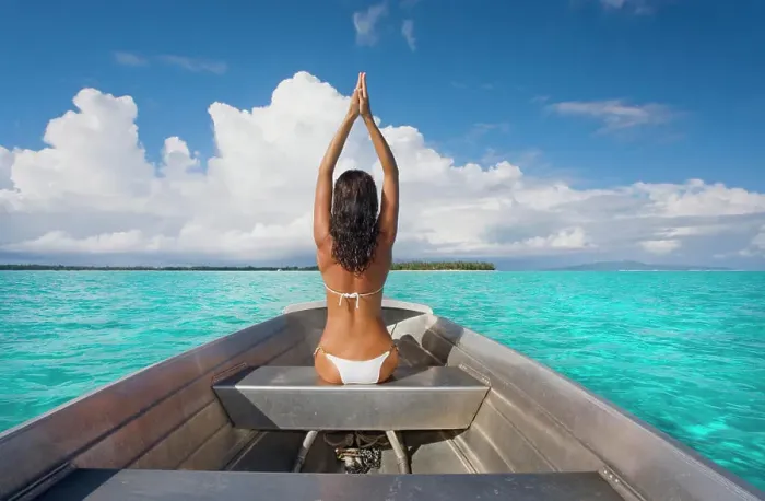 Framed Print : French Polynesia, Tahiti, Bora Bora, Woman Sitting In Boat Framed Print : French Polynesia, Tahiti, Bora Bora, Woman Sitting In Boat