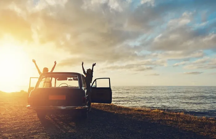 Framed Print : Friends, silhouette and sunset at beach with car Framed Print : Friends, silhouette and sunset at beach with car