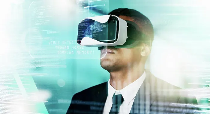Framed Print : Futuristic businessman, vr and data hologram Framed Print : Futuristic businessman, vr and data hologram