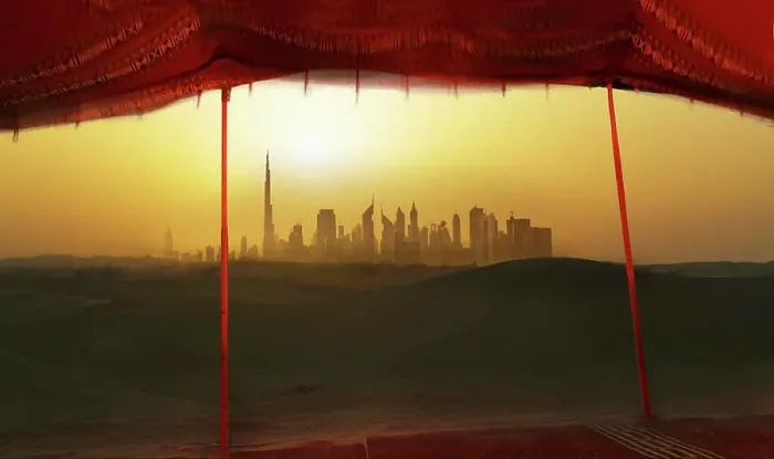 Framed Print : Futuristic cityscape from bedouin tent, Dubai, United Arab Emirates Framed Print : Futuristic cityscape from bedouin tent, Dubai, United Arab Emirates