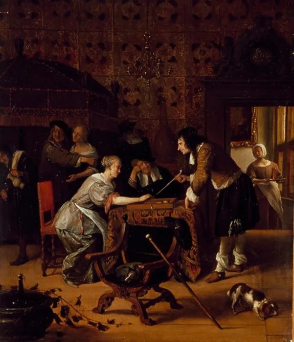 Framed Print : A Game of Backgammon by Jan Steen, oil on wood panel, 1667, 1626-1679, Russia, St. Petersburg, Hermitage Museum Framed Print : A Game of Backgammon by Jan Steen, oil on wood panel, 1667, 1626-1679, Russia, St. Petersburg, Hermitage Museum
