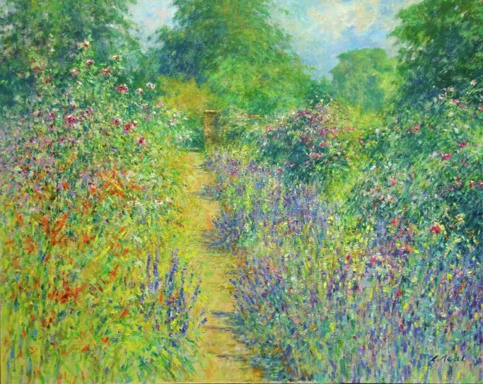 Framed Print : Garden view of the lavender border, bounded by collection of roses Framed Print : Garden view of the lavender border, bounded by collection of roses