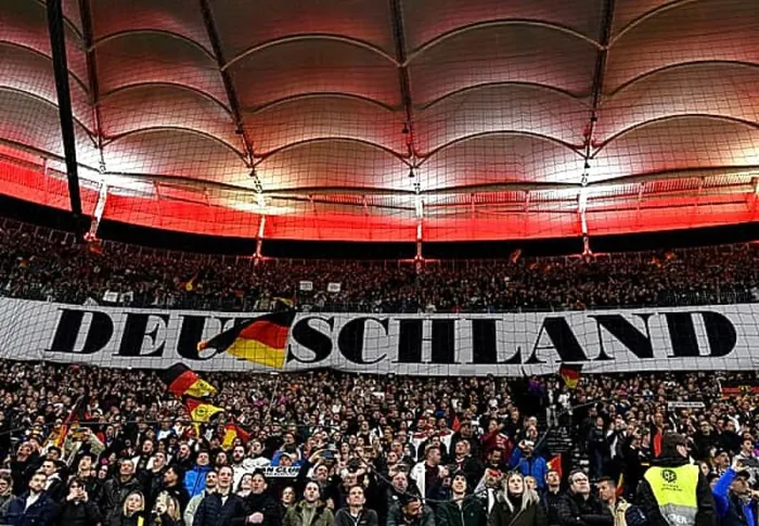 Framed Print : German fans, spectators, singing national anthem Framed Print : German fans, spectators, singing national anthem