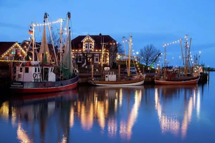 Framed Print : Germany, East Frisia, Neuharlingersiel, Christmas illumination at the harbour Framed Print : Germany, East Frisia, Neuharlingersiel, Christmas illumination at the harbour