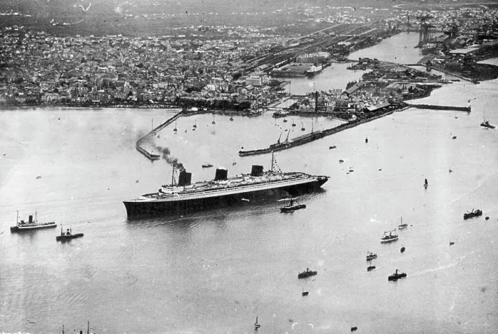 Framed Print : Giant Liner Leaves Port -- An aerial view of the giant giant liner Normandie as she left St Framed Print : Giant Liner Leaves Port -- An aerial view of the giant giant liner Normandie as she left St