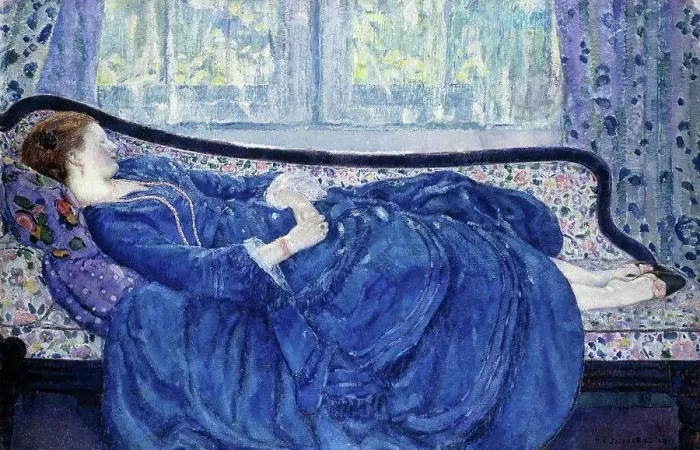 Framed Print : Girl in Blue. Frederick Carl Frieseke (1874-1939). Oil on canvas. Signed and dated 1917. 99.1 x 152.5cm Framed Print : Girl in Blue. Frederick Carl Frieseke (1874-1939). Oil on canvas. Signed and dated 1917. 99.1 x 152.5cm