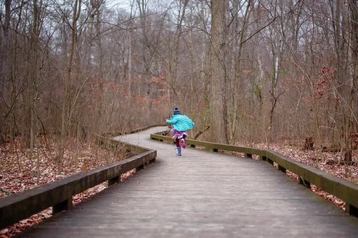Framed Print : Girl in bright blue coat runs down wooded path in woods in autumn Framed Print : Girl in bright blue coat runs down wooded path in woods in autumn