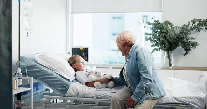 Framed Print : Girl, child and hospital bed with grandma for healthcare Framed Print : Girl, child and hospital bed with grandma for healthcare