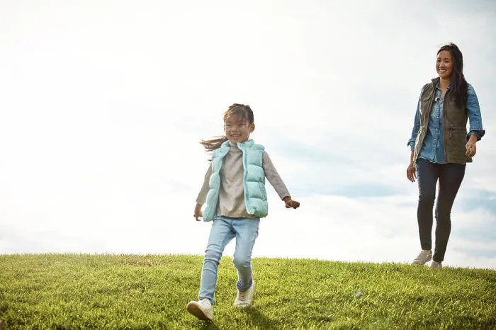 Framed Print : Girl, field and walk with mother for fun Framed Print : Girl, field and walk with mother for fun