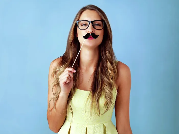Framed Print : Girl, moustache and happy with prop in studio for pout