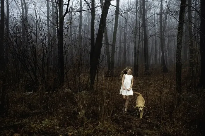 Framed Print : Girl wearing white dress walking her dog in forest Framed Print : Girl wearing white dress walking her dog in forest