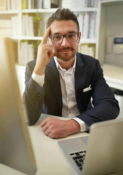 Framed Print : Glasses, office and portrait of businessman with computer for working online