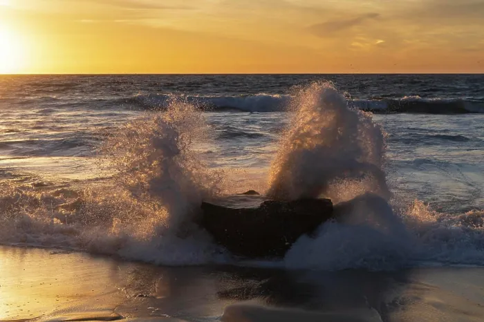 Framed Print : Golden sunset light coming through the white water crashing off a rock Framed Print : Golden sunset light coming through the white water crashing off a rock