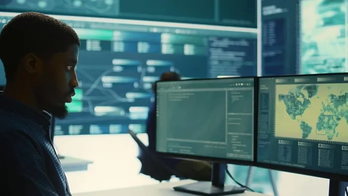 Framed Print : Governmental hackers analyzing data for cyber threat detection