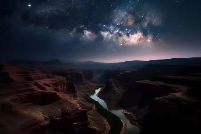 Framed Print : Grand canyon with starry night sky. Rock tourism. Generate Ai. Grand canyon with starry night sky. Generate Ai