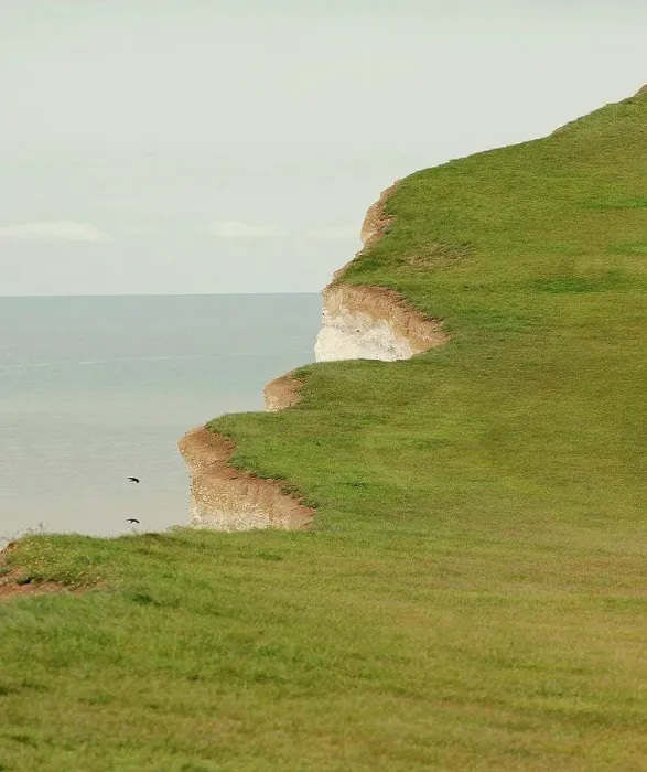 Framed Print : Grassed chalk cliff top with broken edge, Eastbourne, Uk Framed Print : Grassed chalk cliff top with broken edge, Eastbourne, Uk