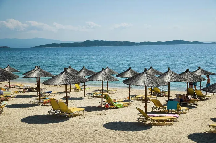 Framed Print : Greece, Halkidiki, Beach umbrellas and chairs on tourist beach; Ouranoupoli Framed Print : Greece, Halkidiki, Beach umbrellas and chairs on tourist beach; Ouranoupoli