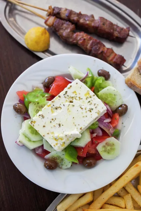 Framed Print : Greece, Peloponnese, Corinth, Greek Salad and Souvlaki with French Fries Framed Print : Greece, Peloponnese, Corinth, Greek Salad and Souvlaki with French Fries