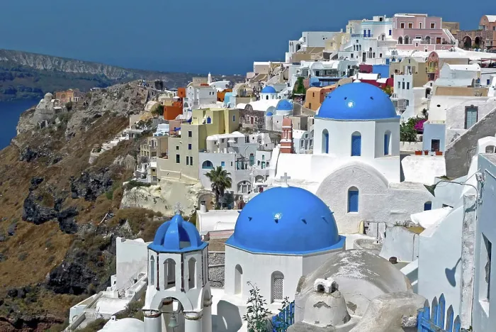 Framed Print : Greece, Santorini. The town of Oia on the island of Santorini