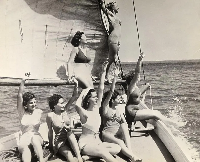 Framed Print : Group of young women on a sailboat Framed Print : Group of young women on a sailboat