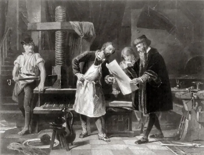 Framed Print : Gutenberg Examining First Printing