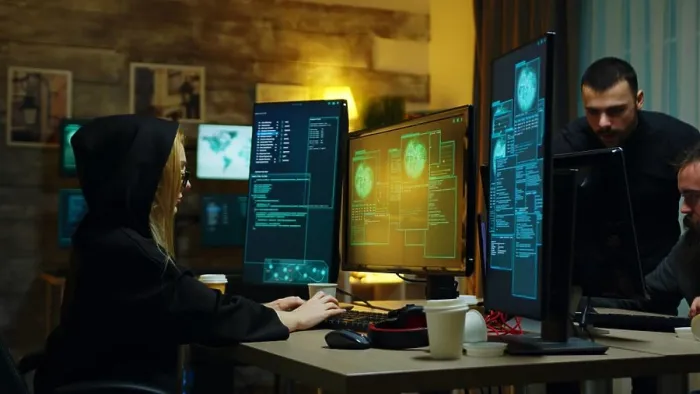 Framed Print : Hacker girl stealing information from people Framed Print : Hacker girl stealing information from people