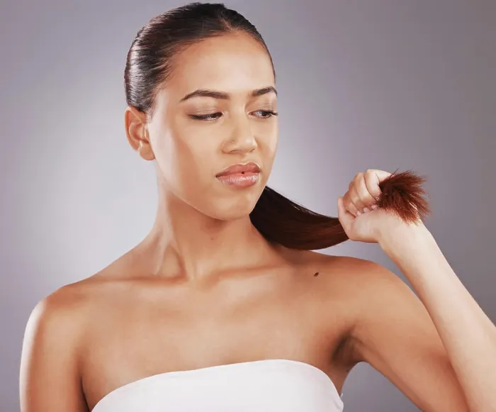 Framed Print : Hair split ends, beauty salon and dye damage of a black woman with a problem feeling annoyed Framed Print : Hair split ends, beauty salon and dye damage of a black woman with a problem feeling annoyed