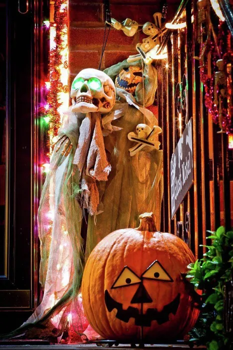 Framed Print : Halloween decorations in the fall at night time Framed Print : Halloween decorations in the fall at night time
