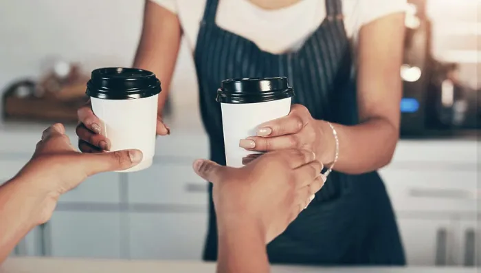 Framed Print : Hands, customer and coffee service with barista for order