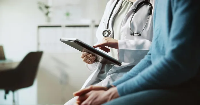 Framed Print : Hands, doctor and patient with tablet Framed Print : Hands, doctor and patient with tablet