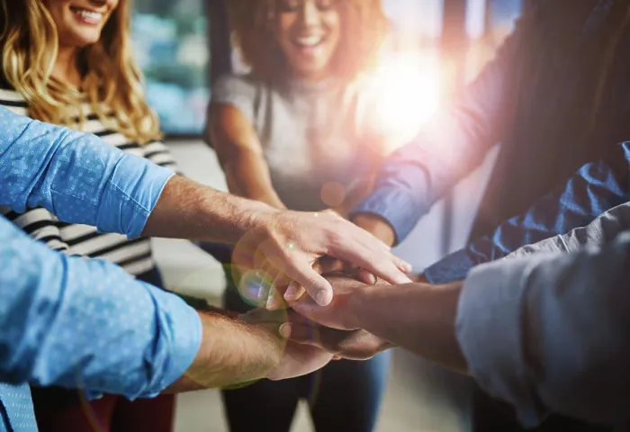 Framed Print : Hands, group and stack at office with support