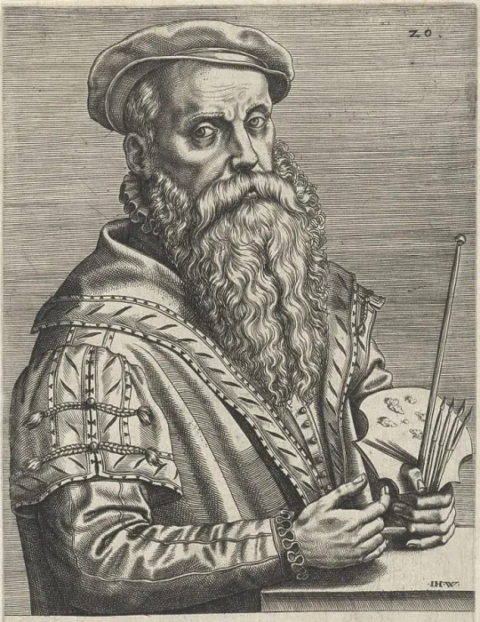 Framed Print : In his hands he holds a painter's palette and brushes In the margin a four-line caption in Latin Framed Print : In his hands he holds a painter's palette and brushes In the margin a four-line caption in Latin