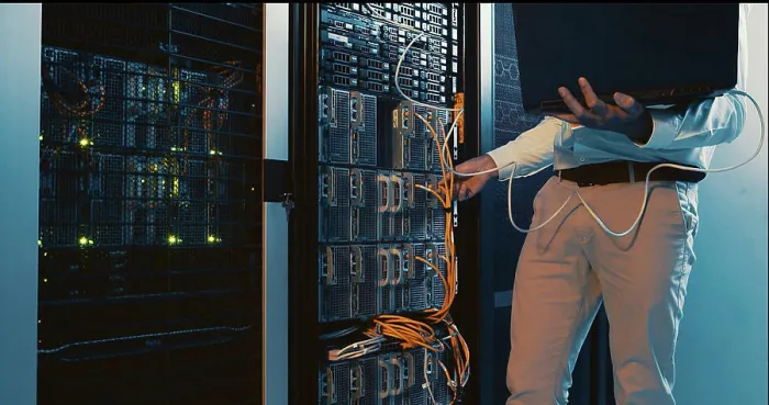 Framed Print : Hands, laptop and system test in server room for diagnostics Framed Print : Hands, laptop and system test in server room for diagnostics