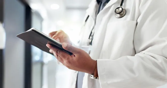 Framed Print : Hands, man or doctor on tablet in hospital for schedule Framed Print : Hands, man or doctor on tablet in hospital for schedule