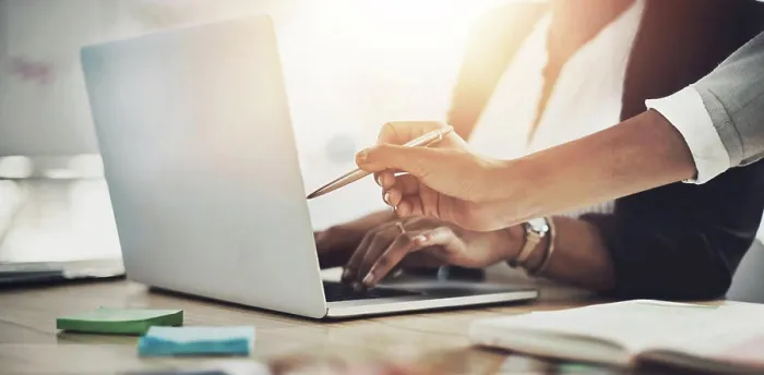 Framed Print : Hands, point and laptop in office for help