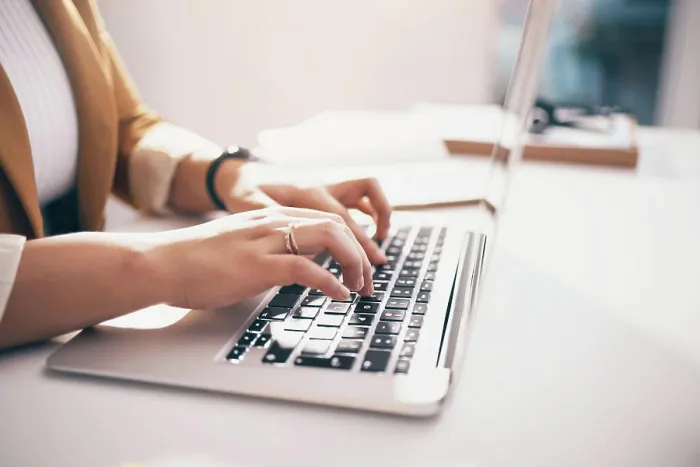 Framed Print : Hands typing, laptop and office with black woman Framed Print : Hands typing, laptop and office with black woman