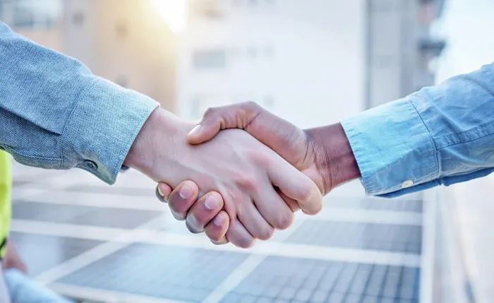 Framed Print : Handshake, engineering and teamwork with people and solar panels for partnership Framed Print : Handshake, engineering and teamwork with people and solar panels for partnership