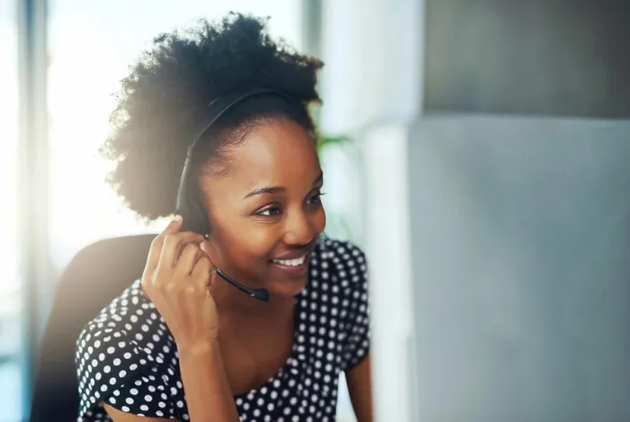 Framed Print : Happy, black woman and consultant with headphones at call center for customer service or technical support at office Framed Print : Happy, black woman and consultant with headphones at call center for customer service or technical support at office