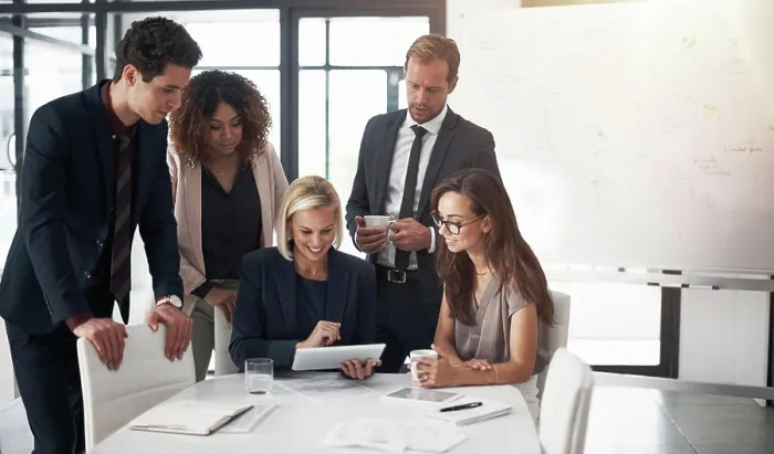Framed Print : Happy business people, meeting with collaboration and tablet