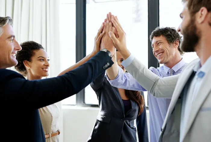 Framed Print : Happy, business people and meeting with high five for unity Framed Print : Happy, business people and meeting with high five for unity