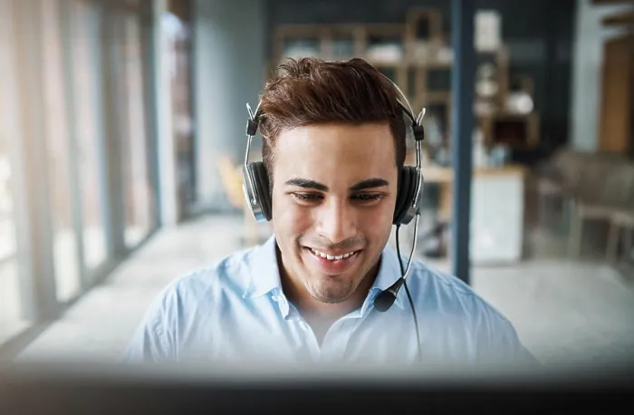 Framed Print : Happy businessman, call center and consulting with smile for customer service Framed Print : Happy businessman, call center and consulting with smile for customer service