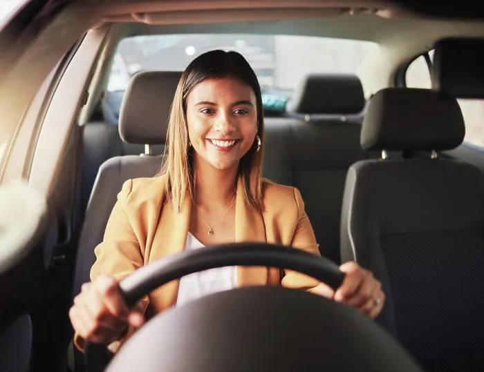 Framed Print : Happy, driving and business woman in car to travel