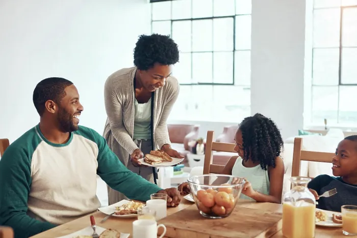 Framed Print : Happy family, parents and children for breakfast in home with serving Framed Print : Happy family, parents and children for breakfast in home with serving
