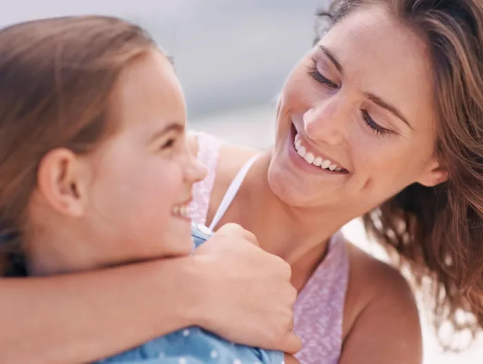 Framed Print : Happy mother, child and hug with love at beach for support Framed Print : Happy mother, child and hug with love at beach for support