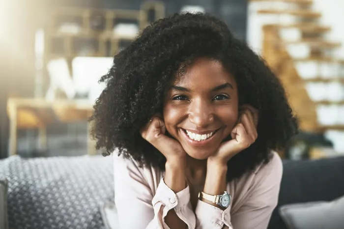 Framed Print : Happy, portrait and black woman with sofa in relax at home for holiday Framed Print : Happy, portrait and black woman with sofa in relax at home for holiday