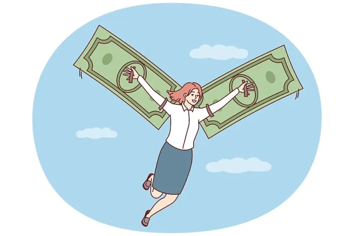 Framed Print : Happy woman flies in sky among clouds using banknotes instead of wings Happy woman flies in sky among clouds using Framed Print : Happy woman flies in sky among clouds using banknotes instead of wings Happy woman flies in sky among clouds using