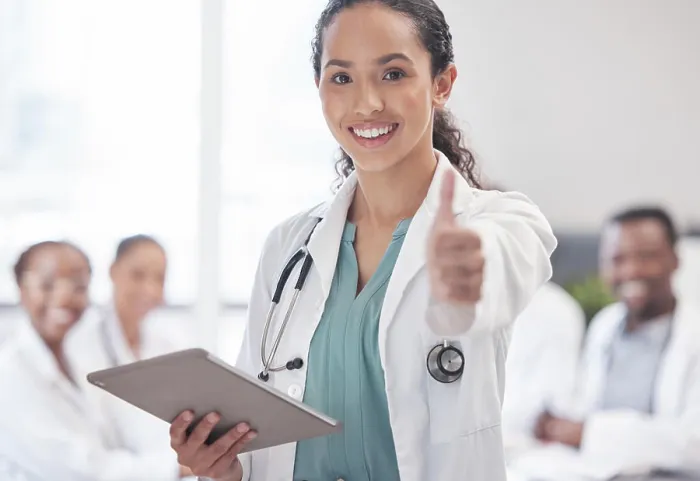 Framed Print : Happy woman, portrait and doctor with thumbs up for tablet